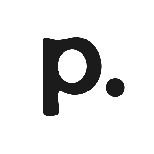 Letra 'p' estilizada em preto com ponto, design minimalista e moderno